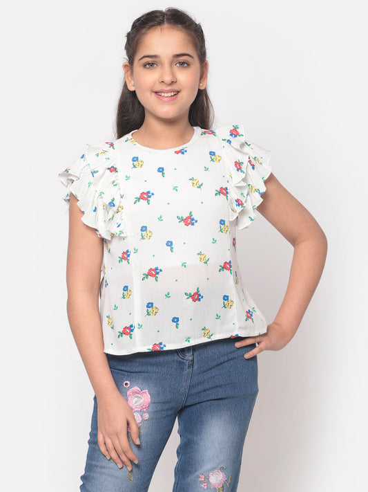 MINOS White Printed Frill Top