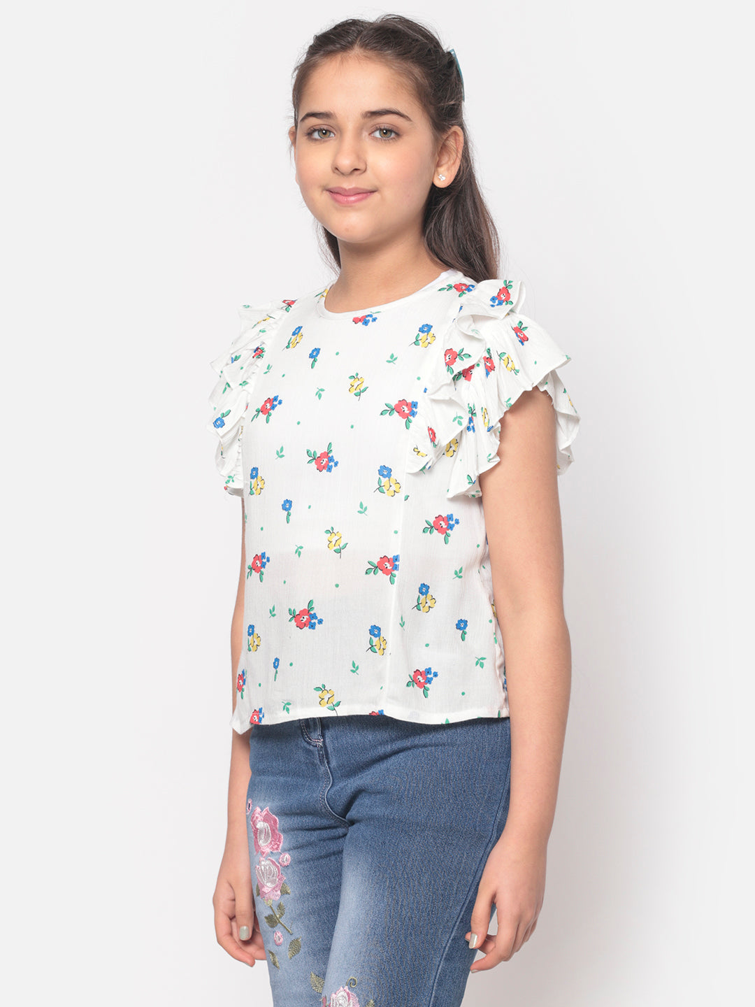 MINOS White Printed Frill Top