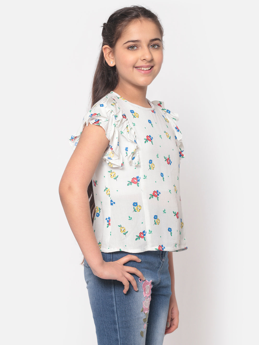 MINOS White Printed Frill Top