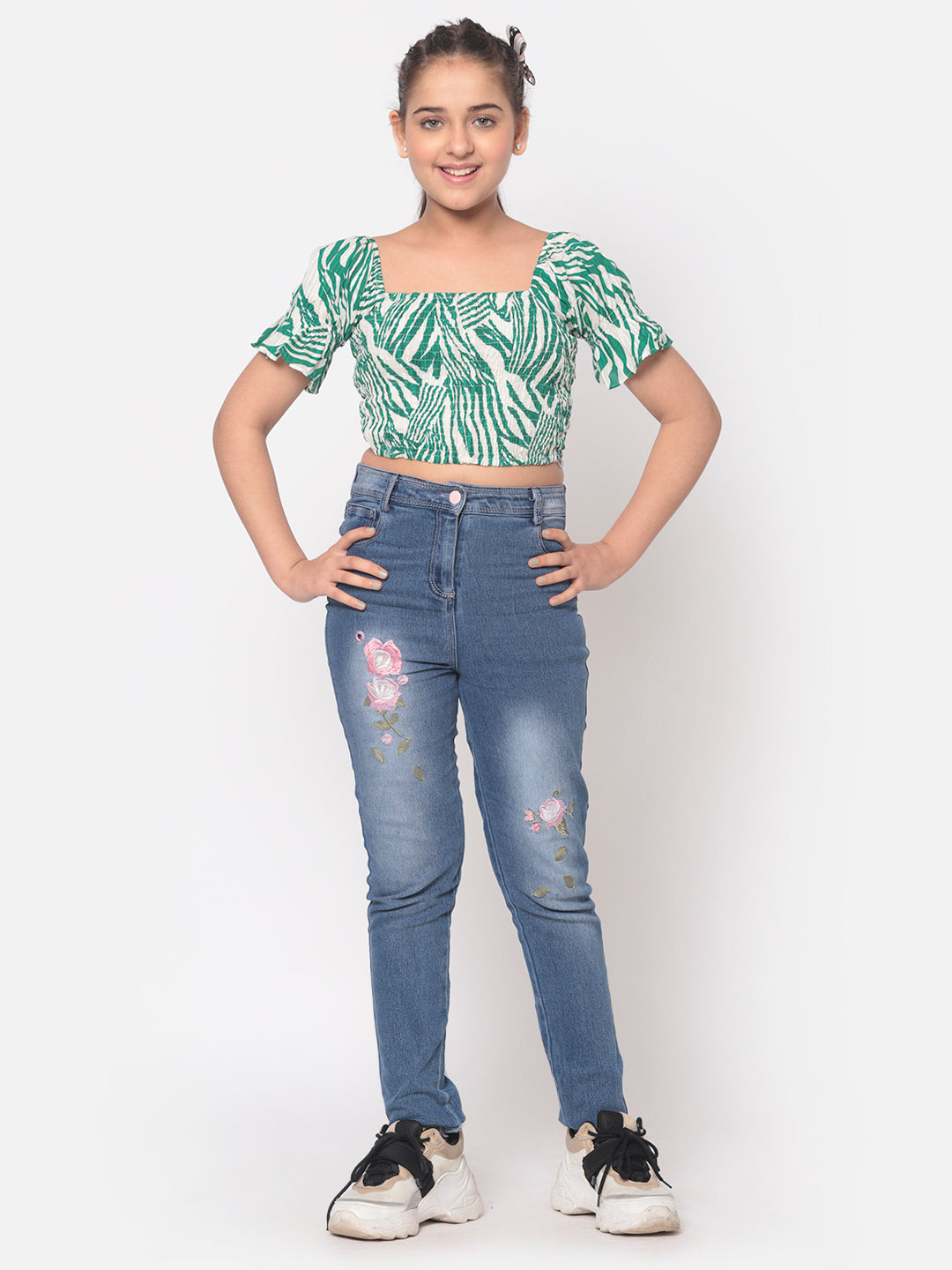 MINOS Green Printed Smocked Top