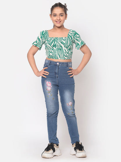 MINOS Green Printed Smocked Top
