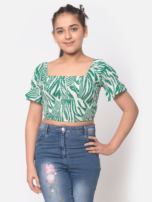 MINOS Green Printed Smocked Top