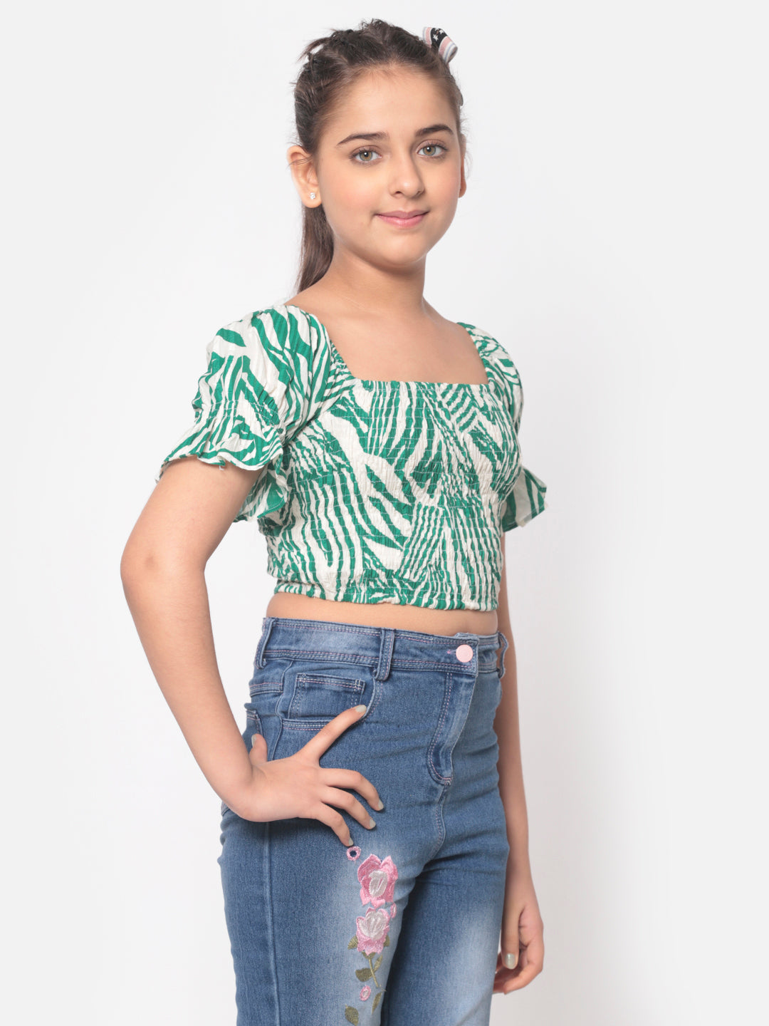 MINOS Green Printed Smocked Top