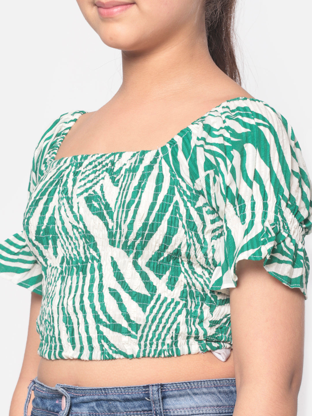 MINOS Green Printed Smocked Top