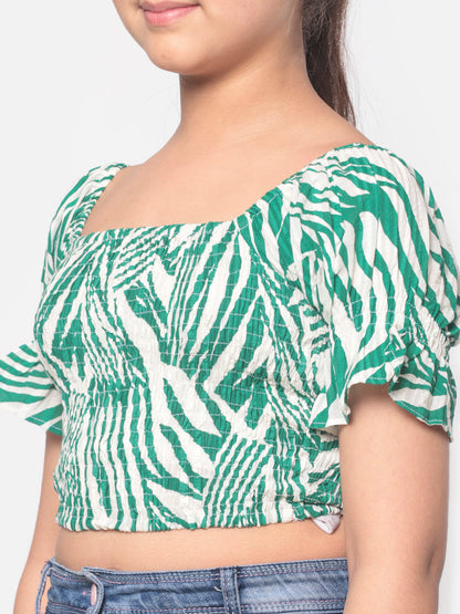 MINOS Green Printed Smocked Top