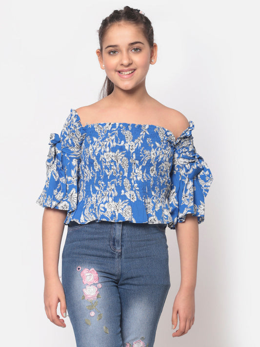 MINOS Blue Printed Smocked Top