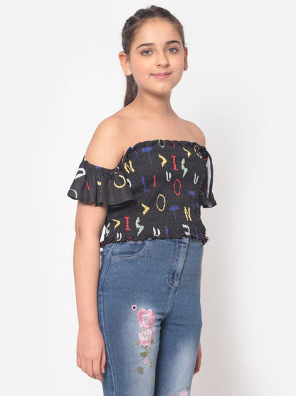 MINOS Black Printed Smocked Top
