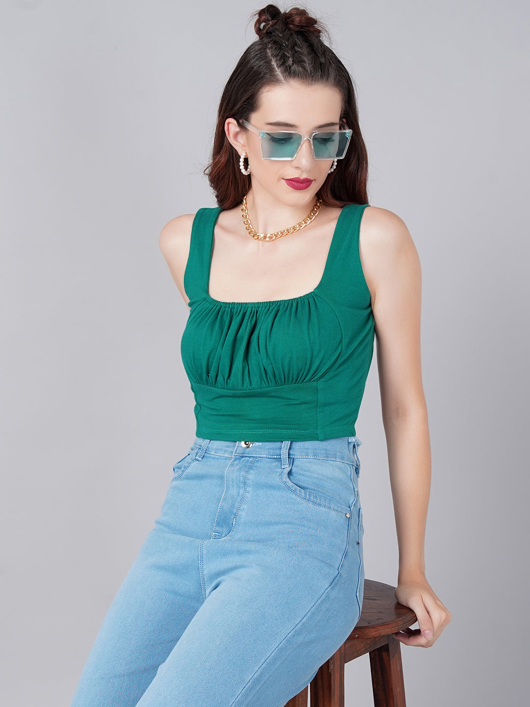 Green Square Neck Top