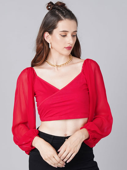 Red Wrap Balloon Sleeve Top