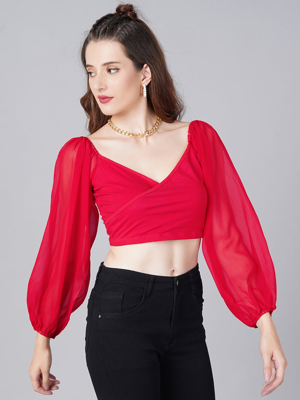Red Wrap Balloon Sleeve Top