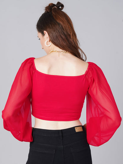 Red Wrap Balloon Sleeve Top