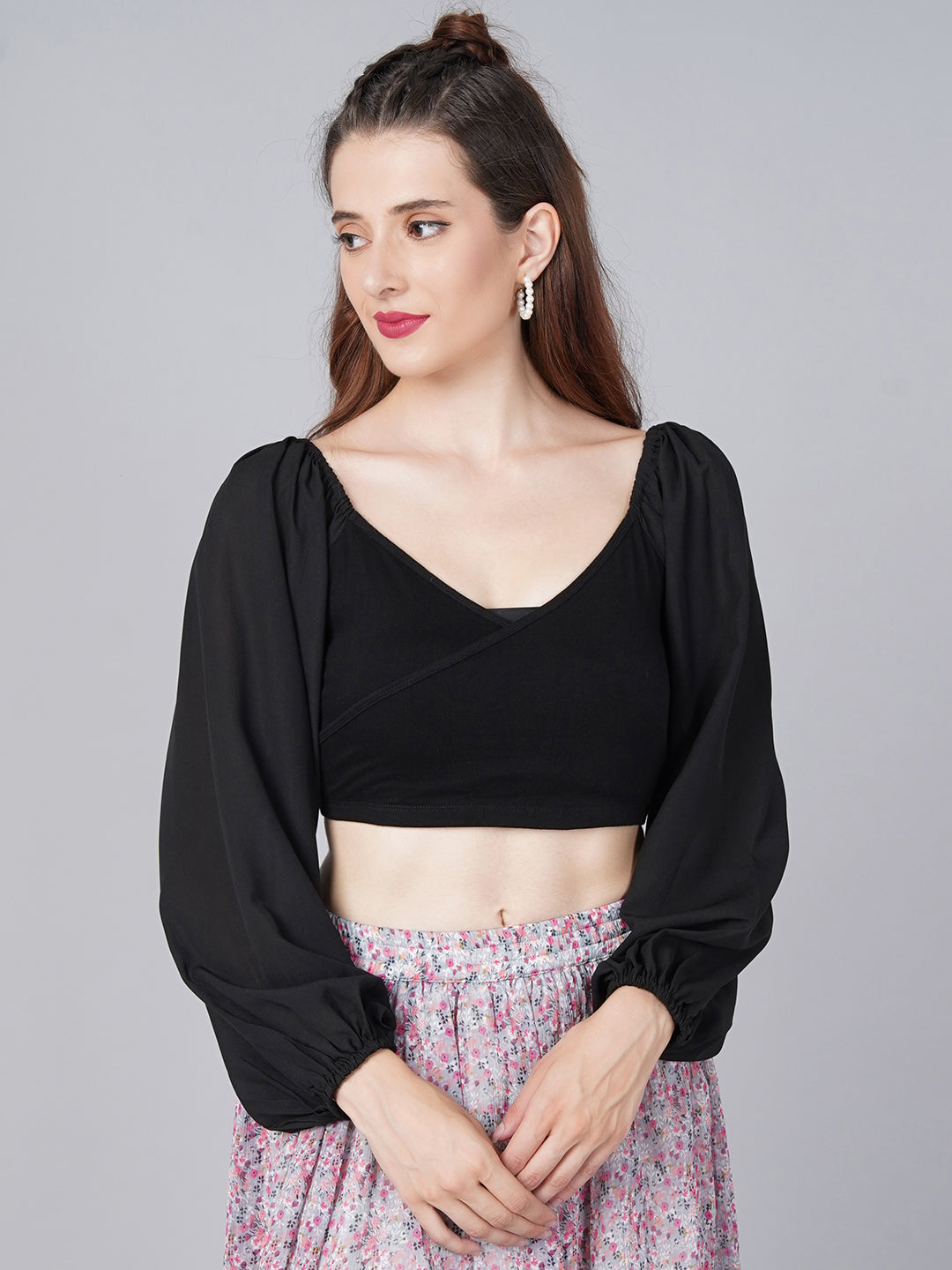 Black Wrap Balloon Sleeve Top