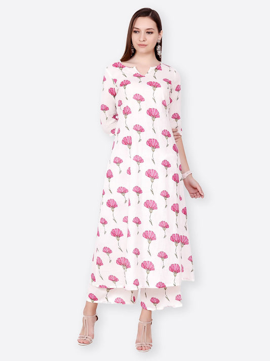 SCORPIUS WHITE PINK FLORAL KURTA SET