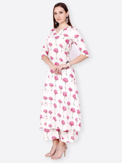 SCORPIUS WHITE PINK FLORAL KURTA SET