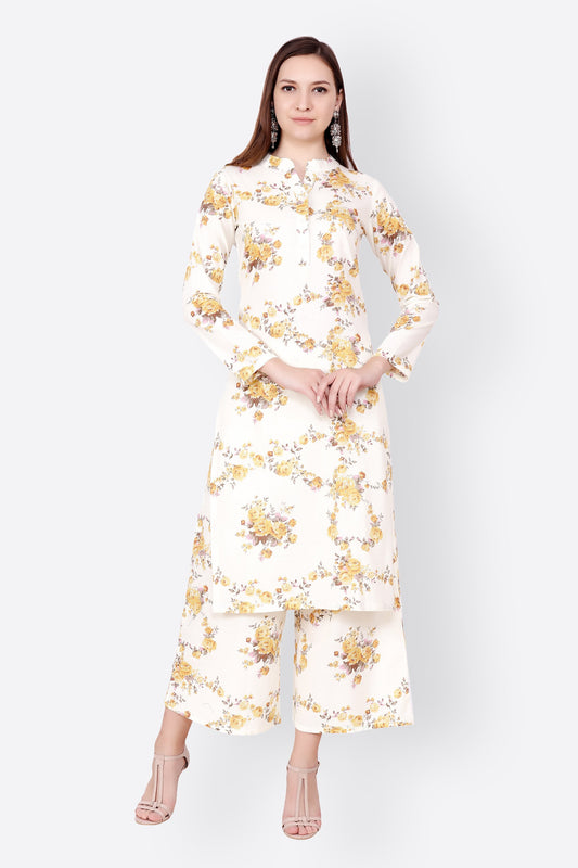 SCORPIUS WHITE YELLOW FLORAL KURTA SET