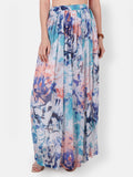Scorpius Women White & Blue Floral Printed Flared Maxi Skirt