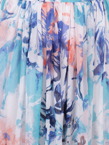 Scorpius Women White & Blue Floral Printed Flared Maxi Skirt