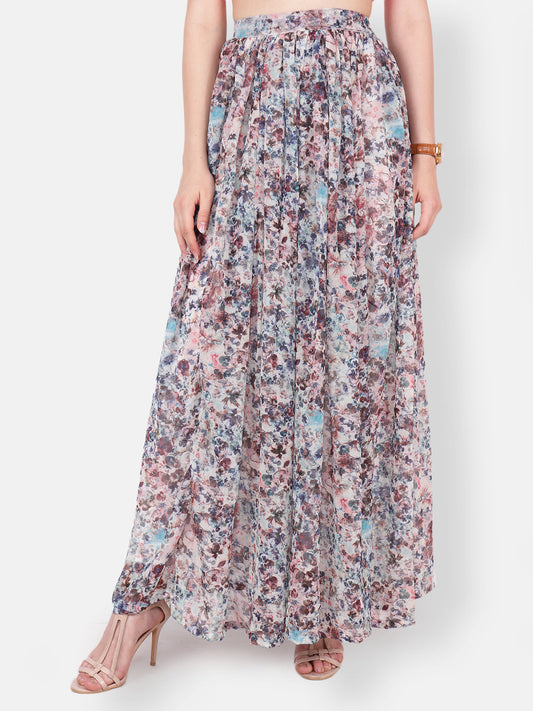 Scorpius Women Off-White & Blue Floral Printed Flared Maxi Skirt