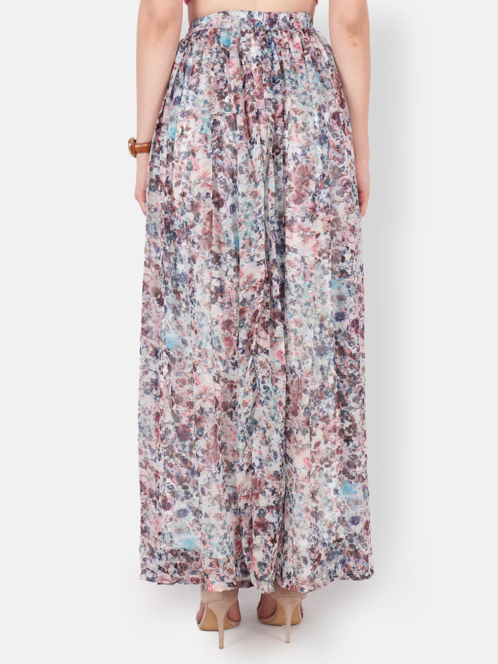 Scorpius Women Off-White & Blue Floral Printed Flared Maxi Skirt