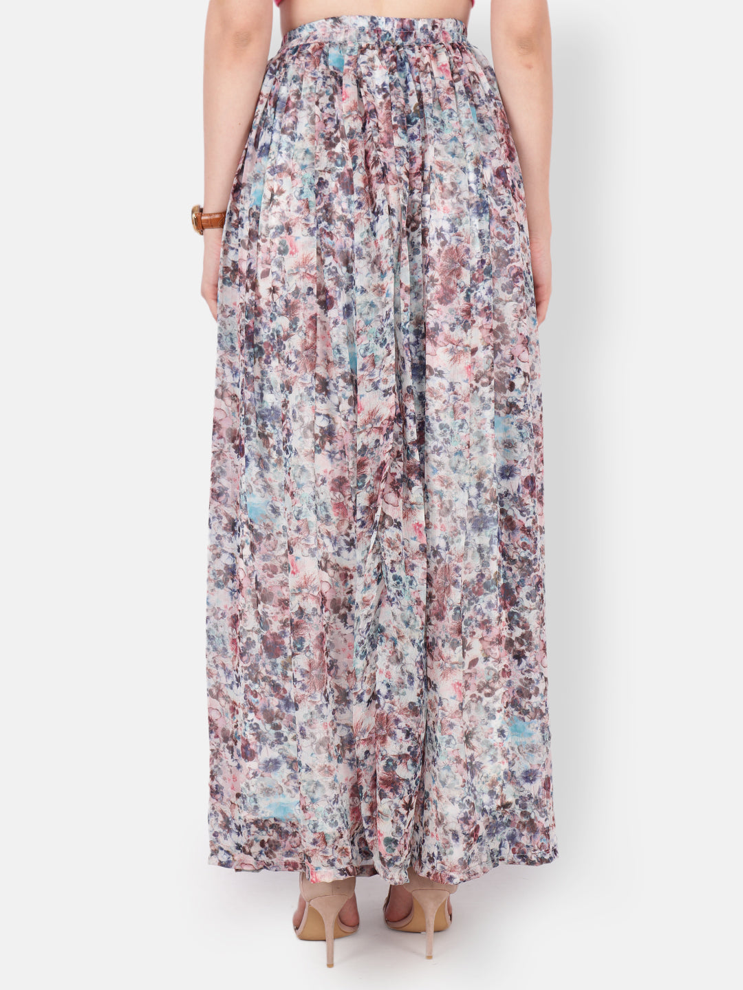 Scorpius Women Off-White & Blue Floral Printed Flared Maxi Skirt