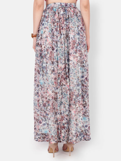 Scorpius Women Off-White & Blue Floral Printed Flared Maxi Skirt