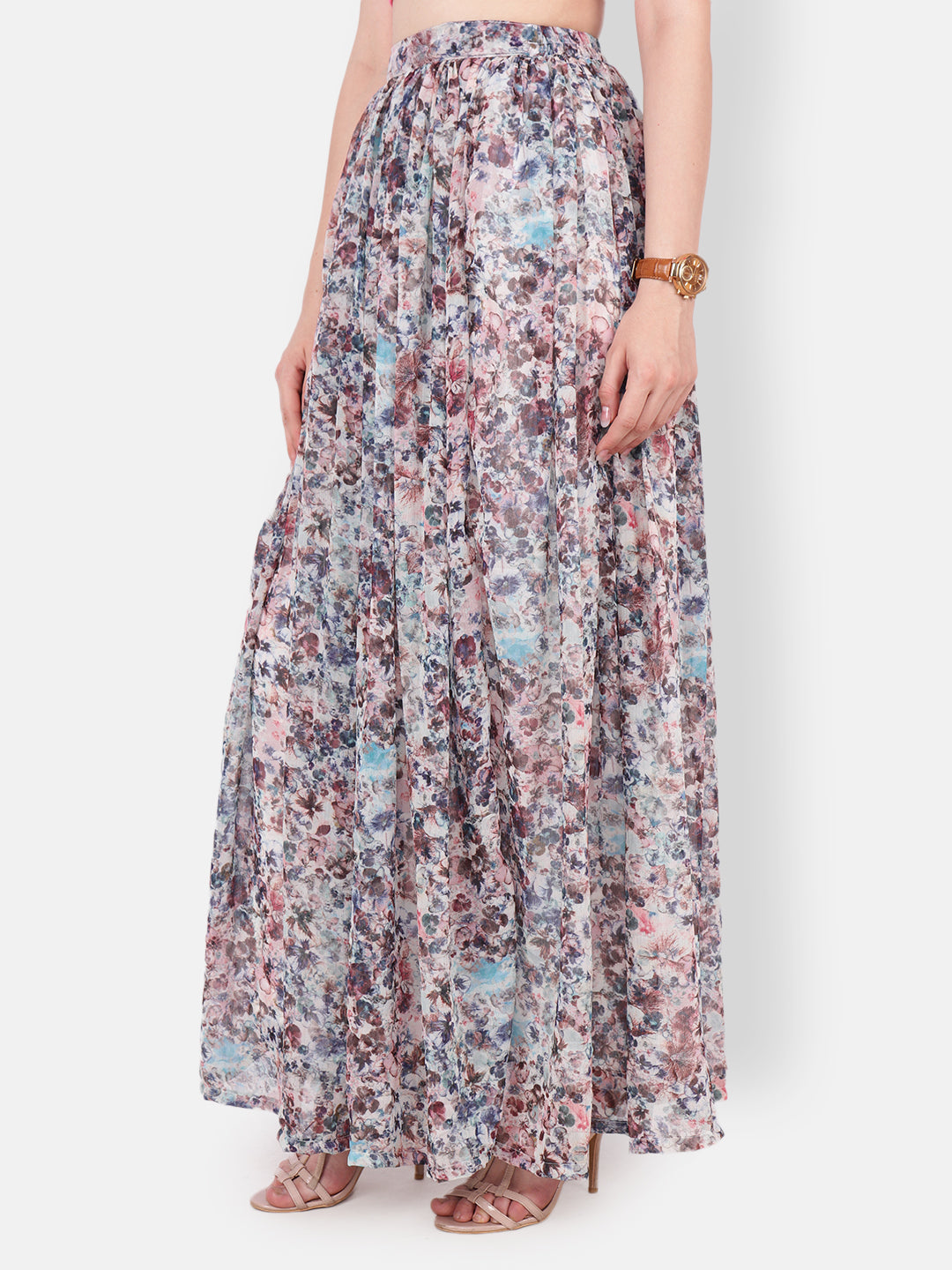 Scorpius Women Off-White & Blue Floral Printed Flared Maxi Skirt