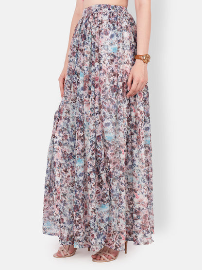 Scorpius Women Off-White & Blue Floral Printed Flared Maxi Skirt