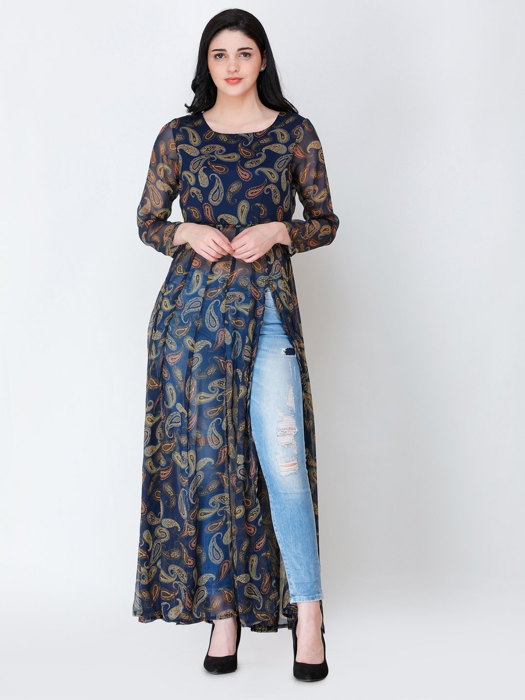 SCORPIUS Navy printed side slit long top