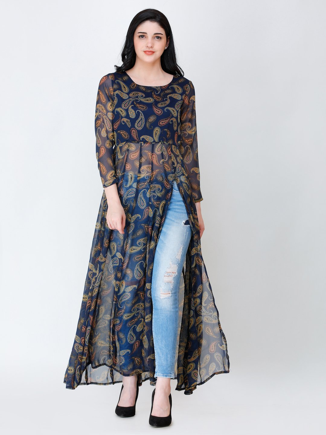 SCORPIUS Navy printed side slit long top