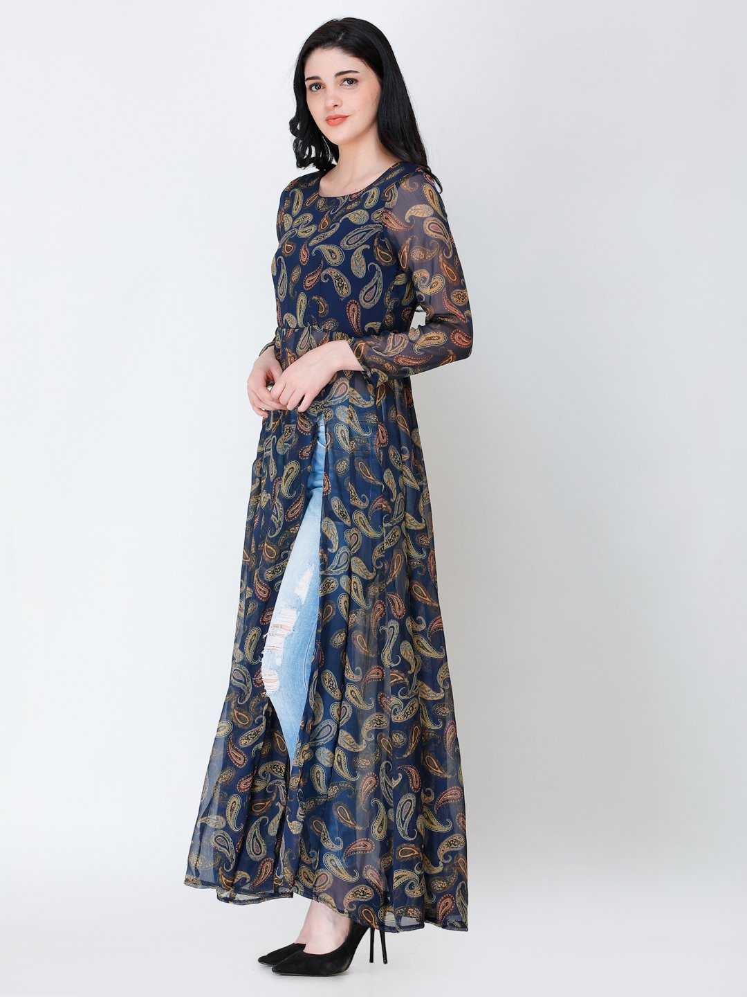 SCORPIUS Navy printed side slit long top