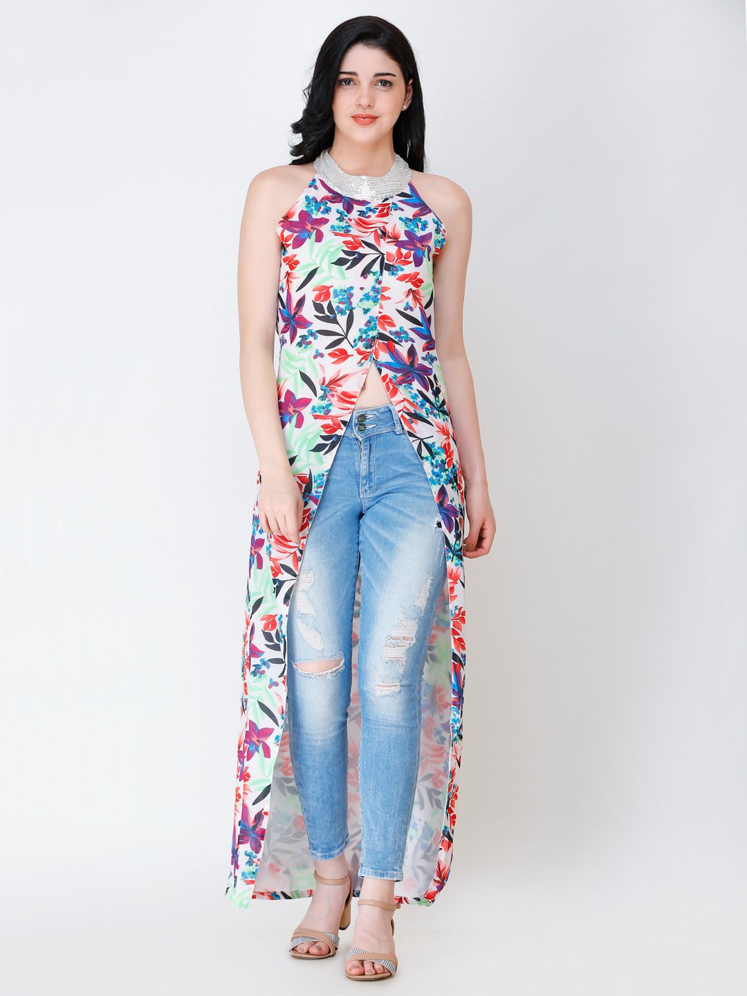SCORPIUS floral printed front slit long top