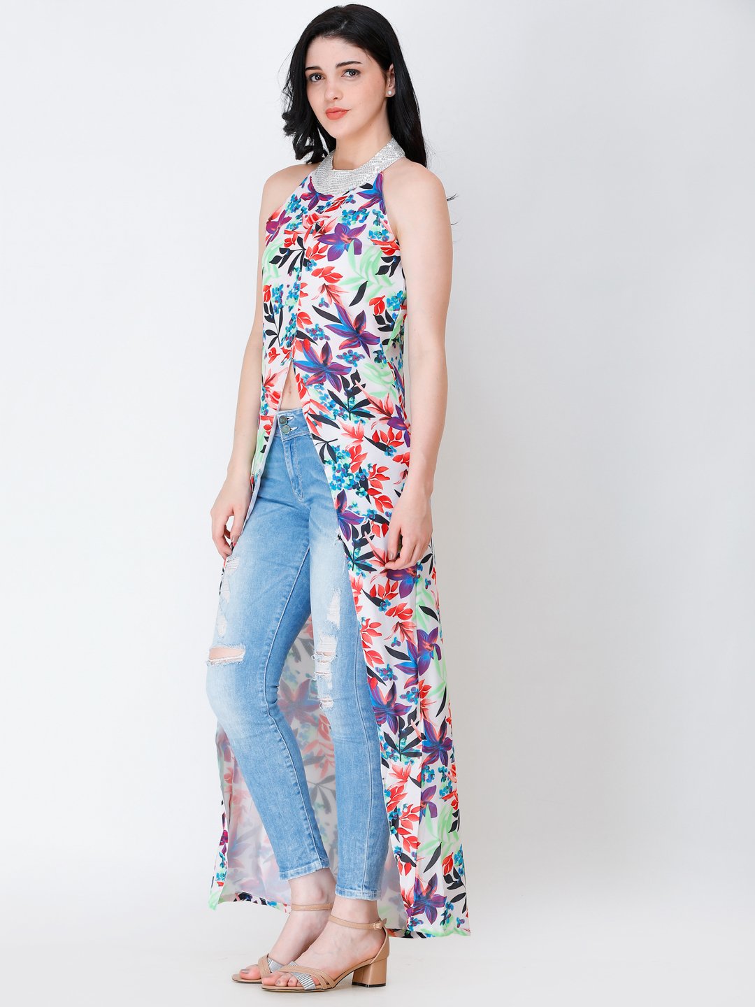 SCORPIUS floral printed front slit long top
