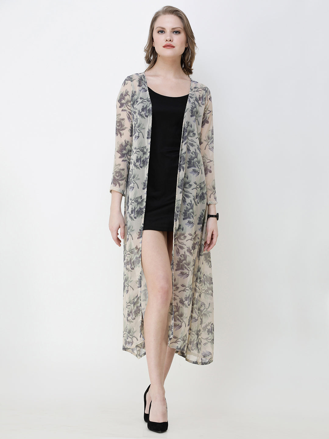 SCORPIUS Women Grey  Off-White Printed Open Front Shrug
