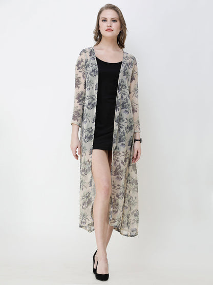 SCORPIUS Women Grey  Off-White Printed Open Front Shrug