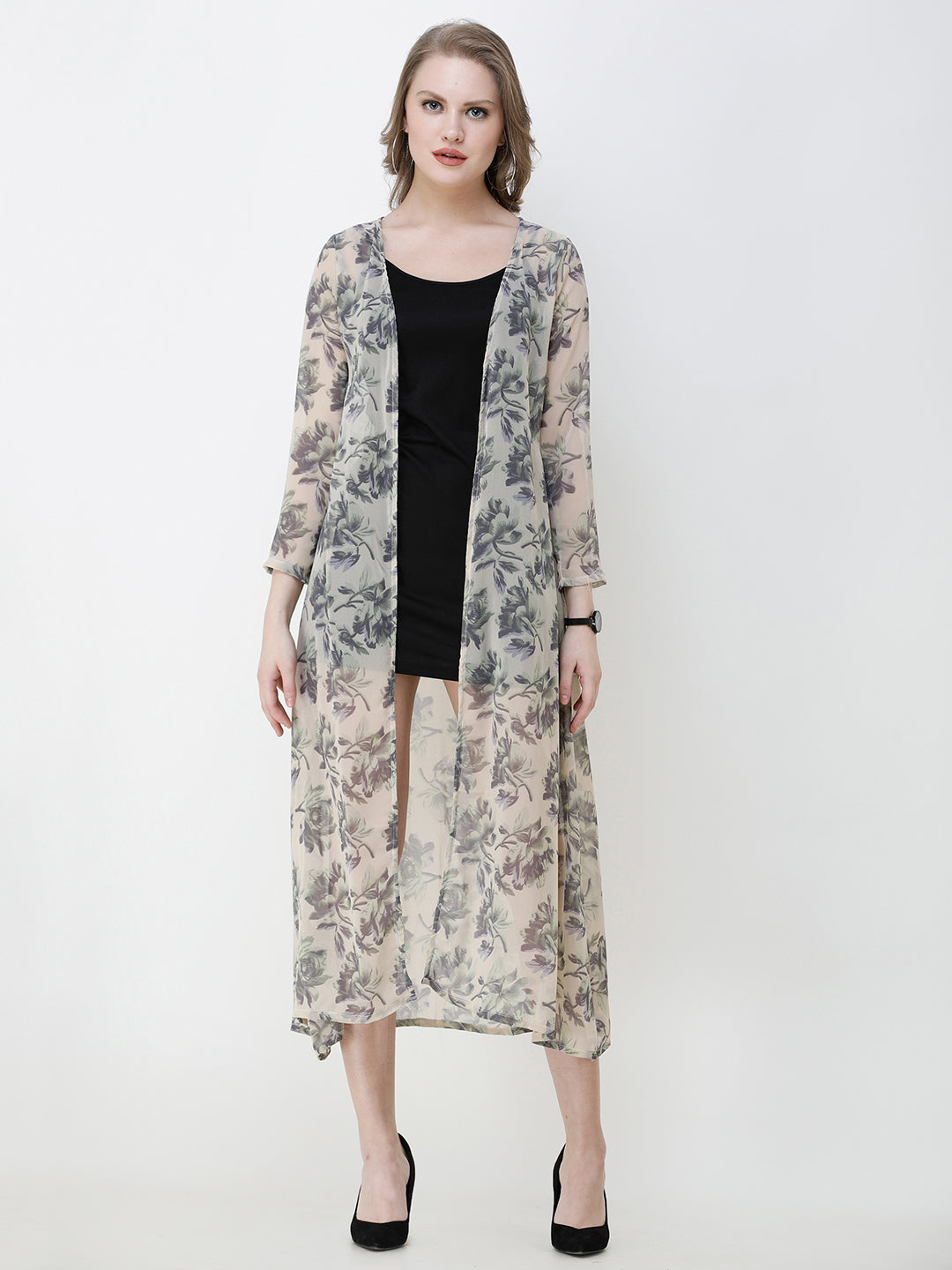 SCORPIUS Women Grey  Off-White Printed Open Front Shrug