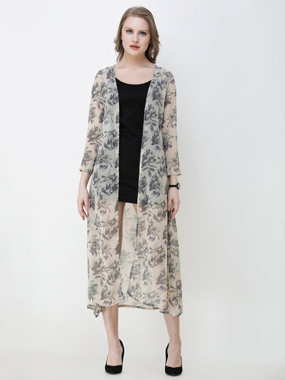 SCORPIUS Women Grey  Off-White Printed Open Front Shrug