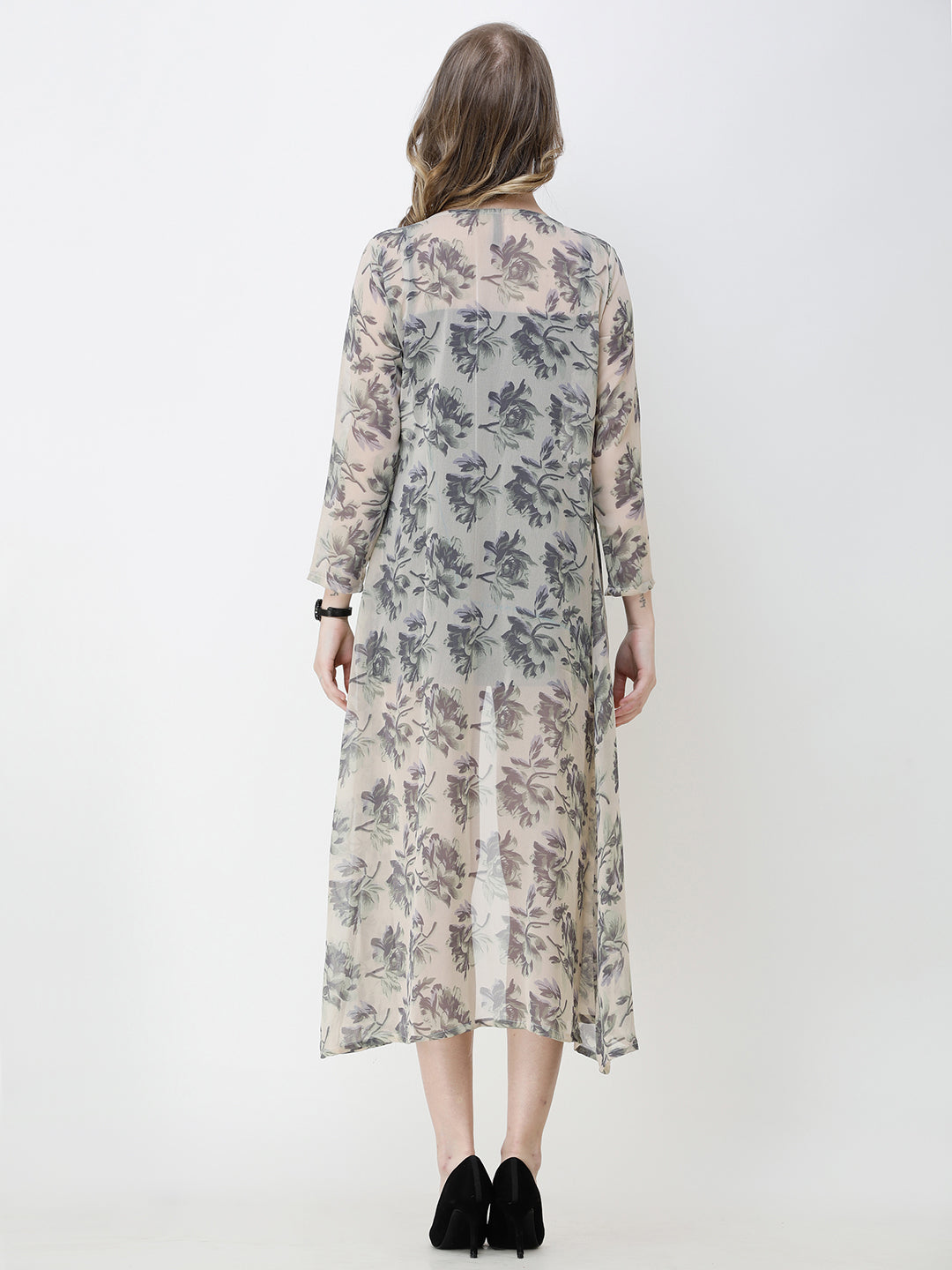 SCORPIUS Women Grey  Off-White Printed Open Front Shrug