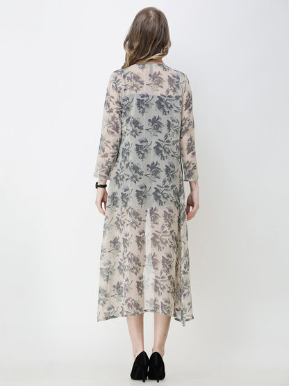 SCORPIUS Women Grey  Off-White Printed Open Front Shrug