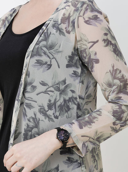 SCORPIUS Women Grey  Off-White Printed Open Front Shrug