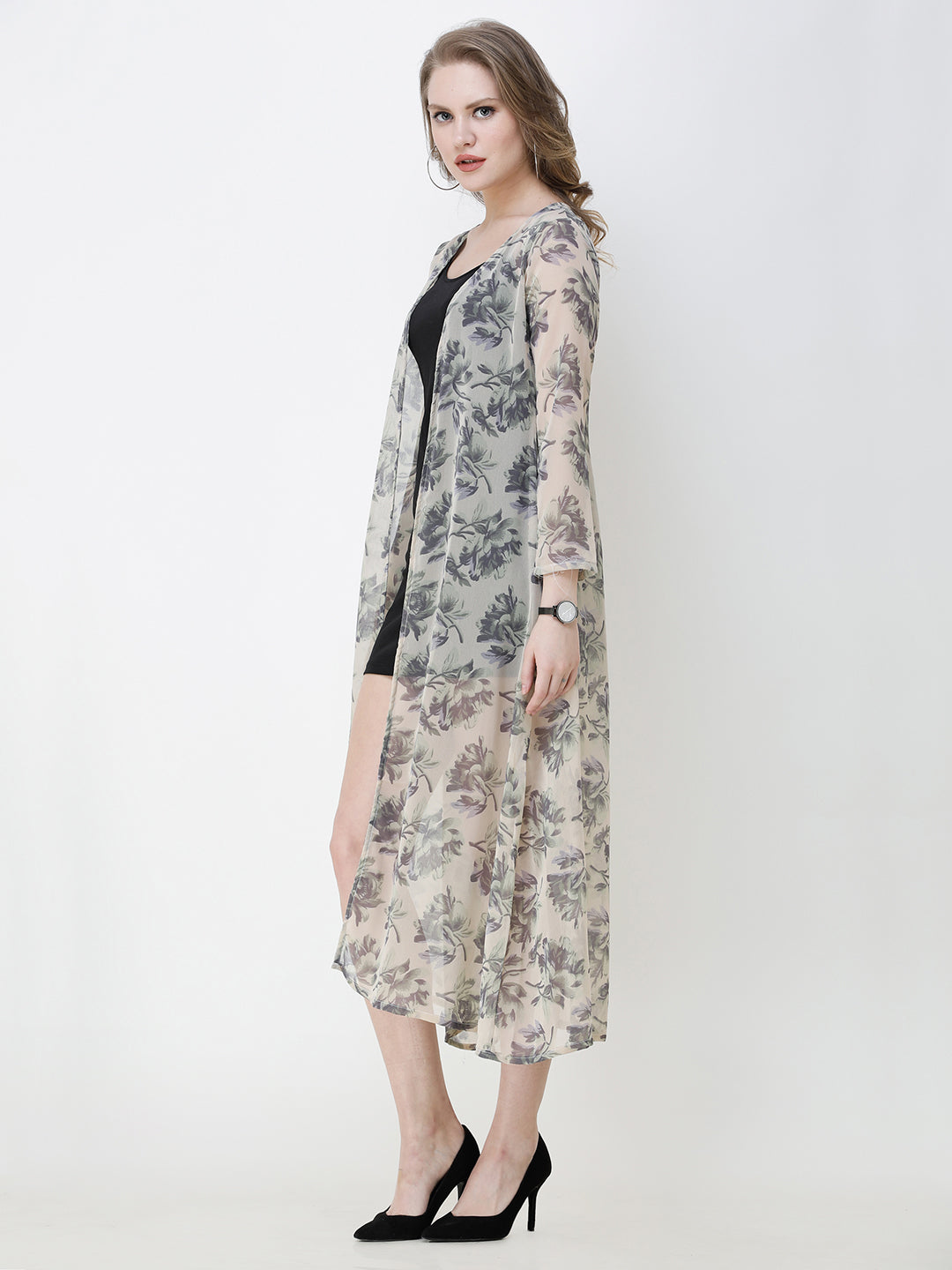 SCORPIUS Women Grey  Off-White Printed Open Front Shrug