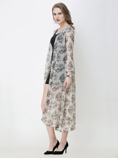SCORPIUS Women Grey  Off-White Printed Open Front Shrug
