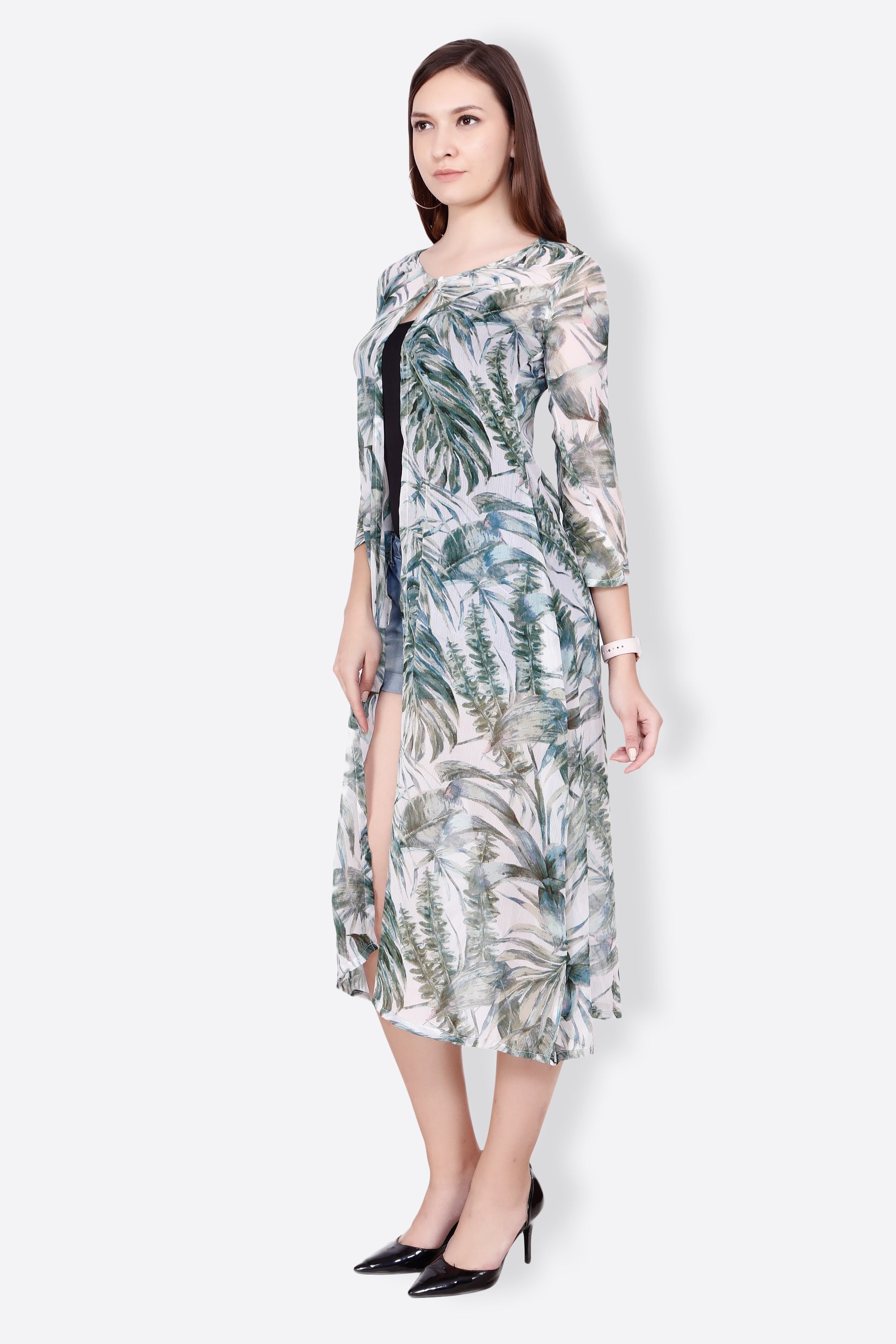 SCORPIUS Women Off-White & Blue Semi-Sheer Longline Shrug