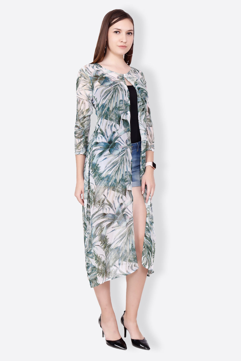 SCORPIUS Women Off-White & Blue Semi-Sheer Longline Shrug