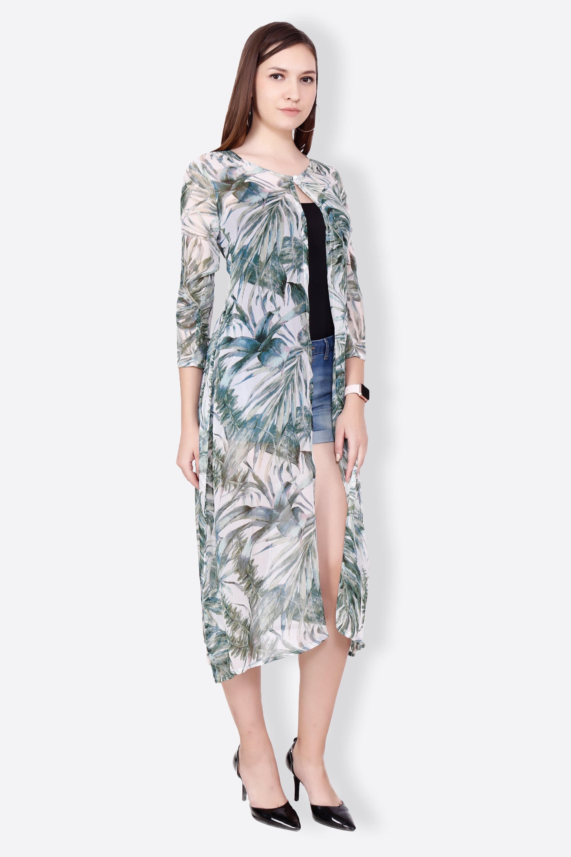 SCORPIUS Women Off-White & Blue Semi-Sheer Longline Shrug