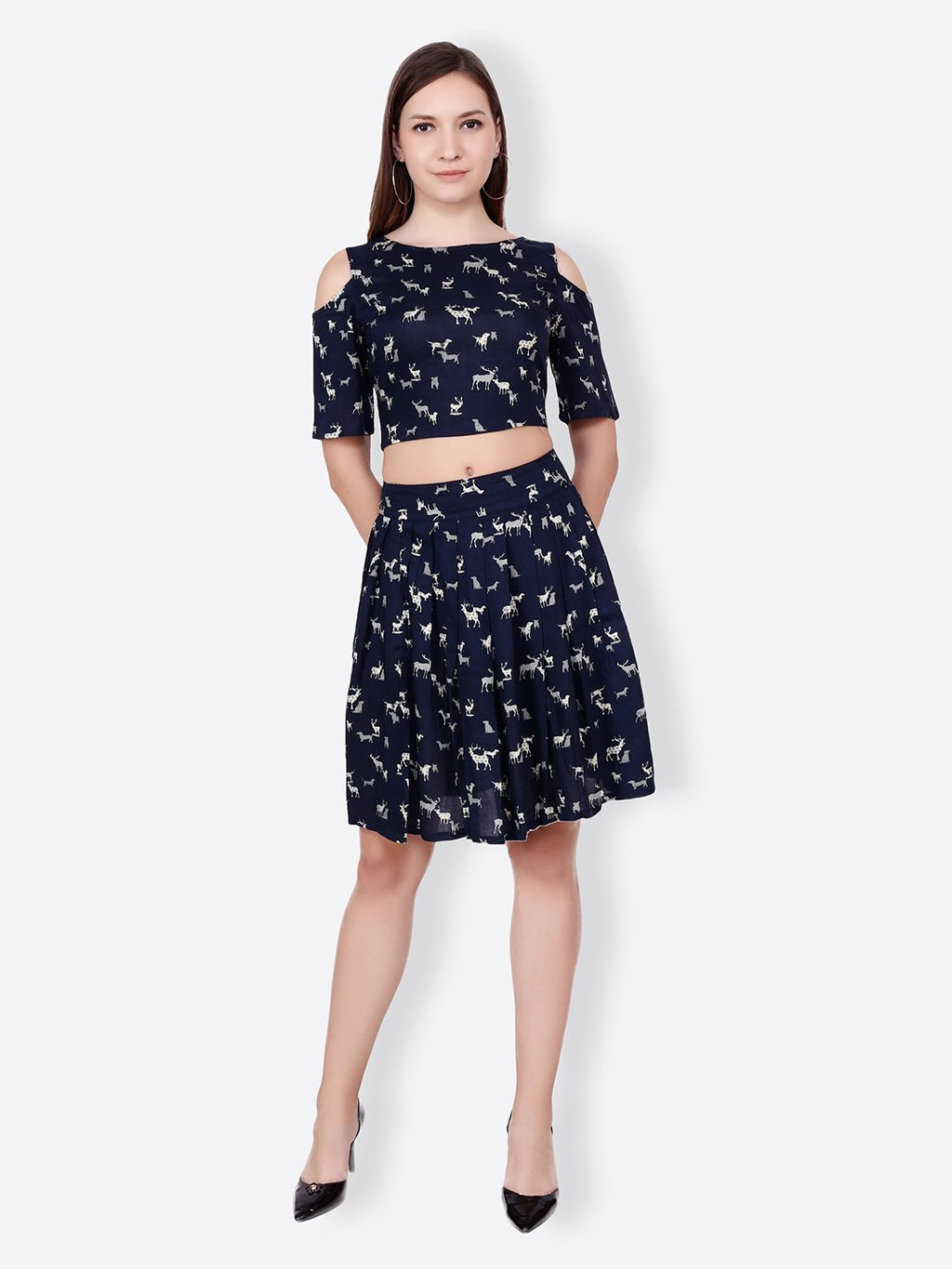 SCORPIUS NAVY BLUE PRINTED PLEATED SKIRT