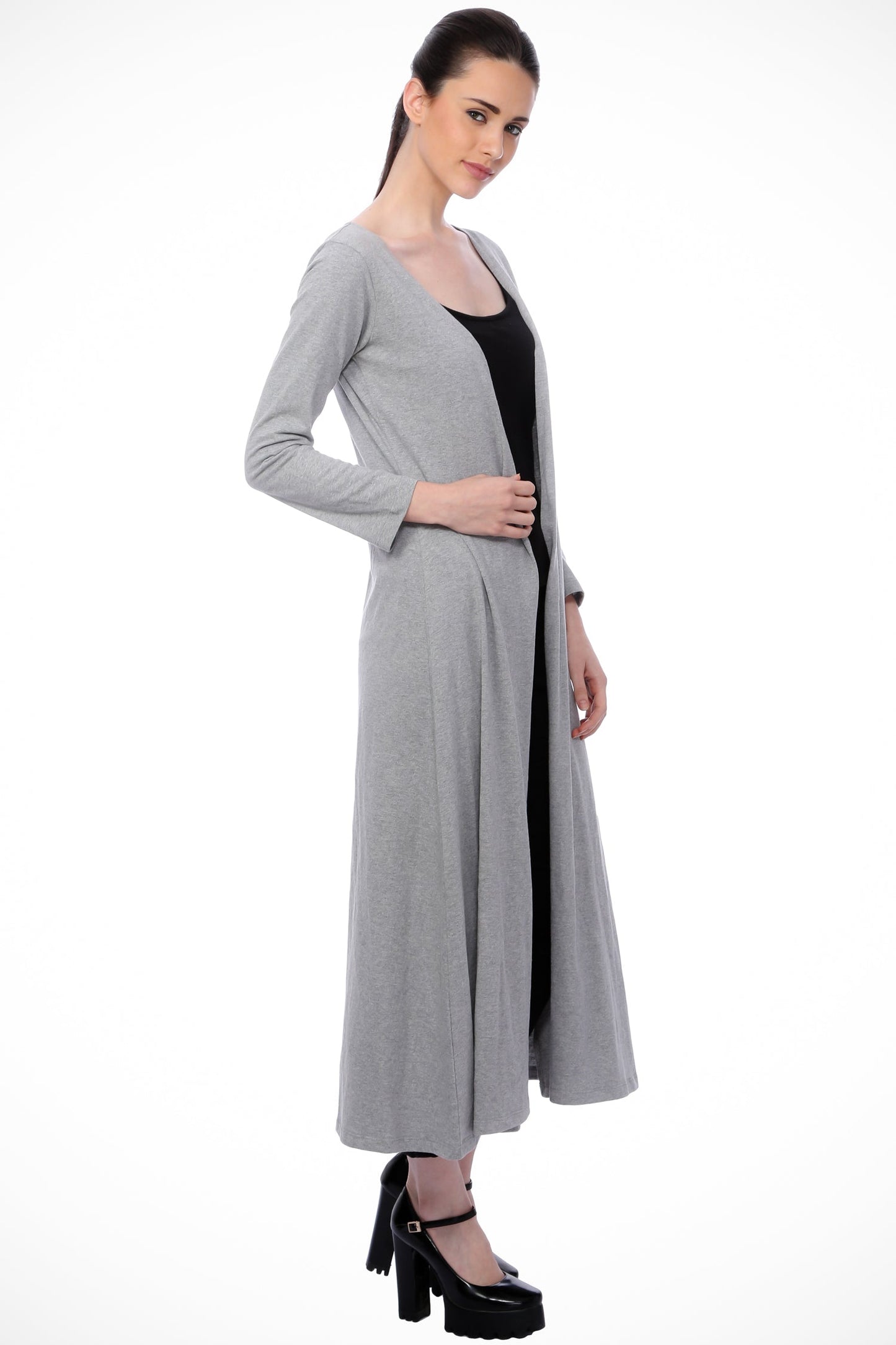 SCORPIUS Grey Solid Open Front Longline Shrug