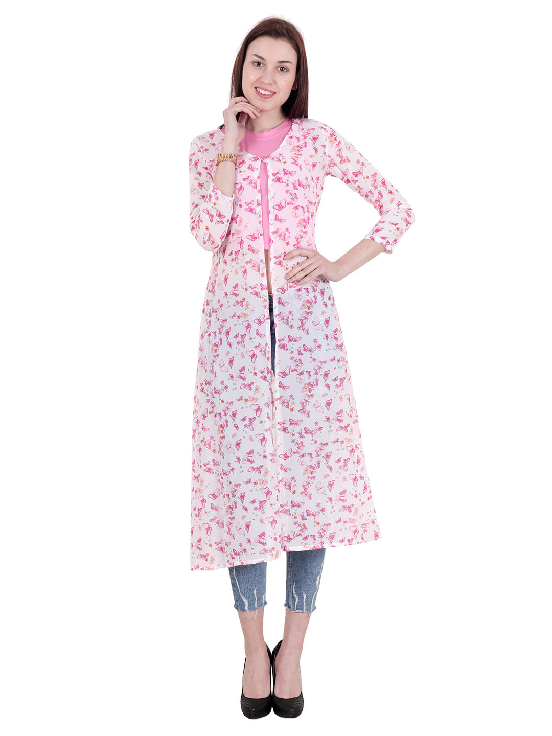 SCORPIUS White  Pink Printed Open Front Shrug