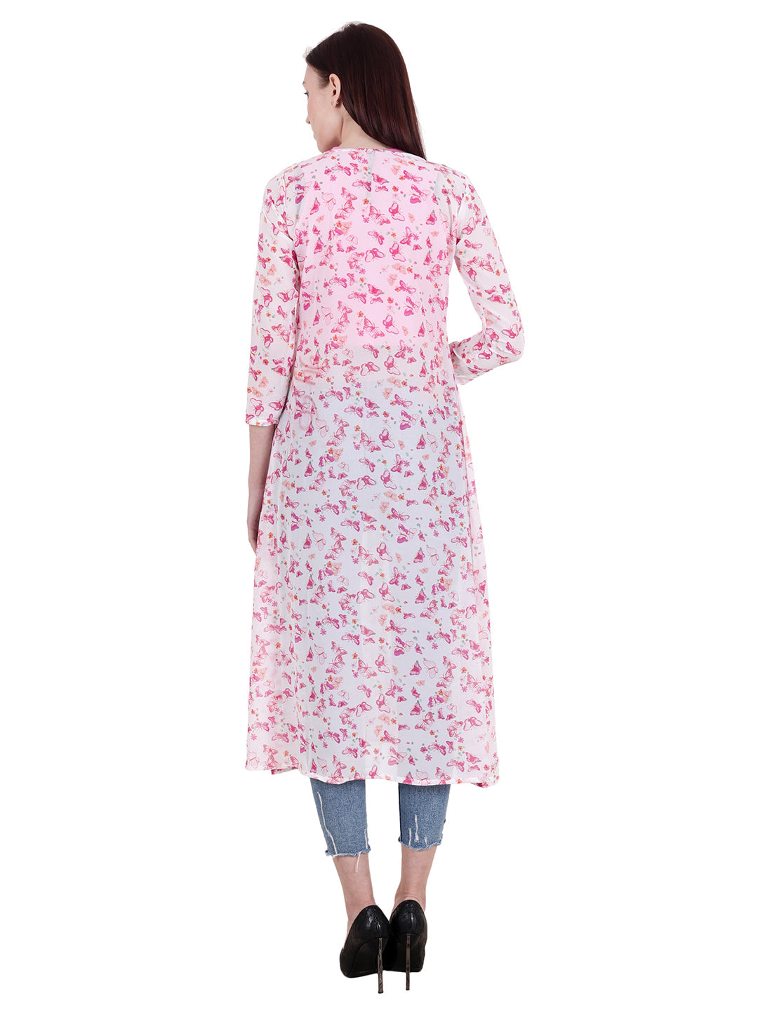 SCORPIUS White  Pink Printed Open Front Shrug