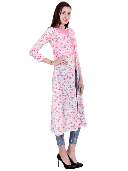 SCORPIUS White  Pink Printed Open Front Shrug