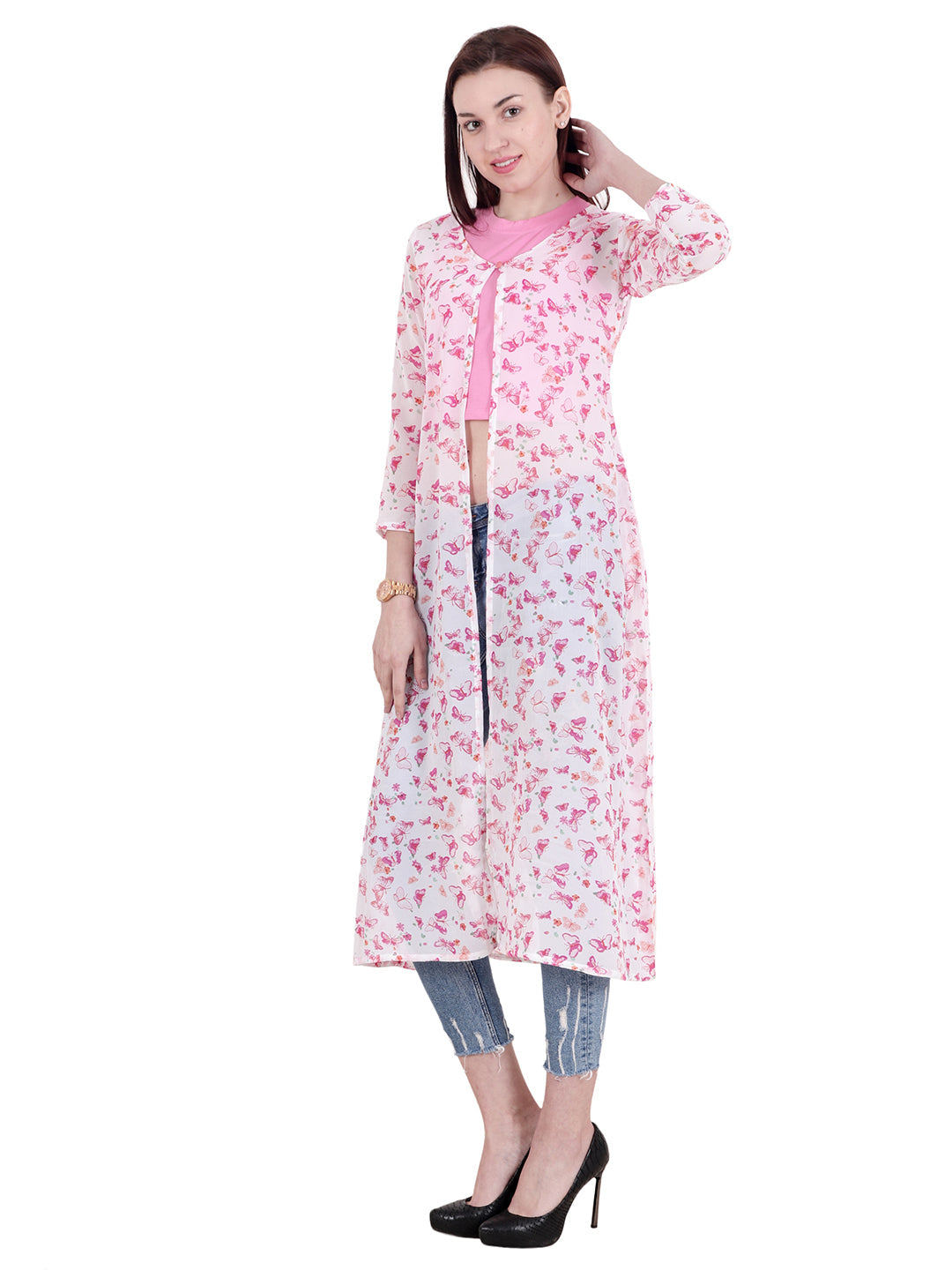 SCORPIUS White  Pink Printed Open Front Shrug